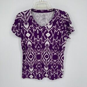 St. John's Bay Women's Purple Ikat Print V-Neck Short Sleeve Tee T-Shirt Size M